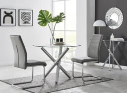 FurnitureboxUK Selina Round Glass & Chrome Metal Dining Table & Lorenzo Chairs Set in Grey - Size: 4 Person - thumbnail 1