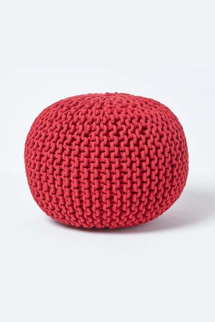 Homescapes Round Cotton Knitted Pouffe Footstool in Red - image 1