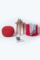 Homescapes Round Cotton Knitted Pouffe Footstool in Red - thumbnail 6