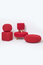 Homescapes Round Cotton Knitted Pouffe Footstool in Red - thumbnail 5