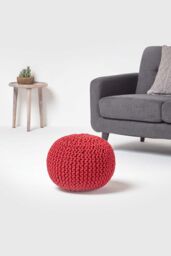 Homescapes Round Cotton Knitted Pouffe Footstool in Red - thumbnail 2