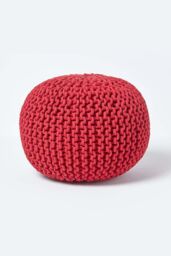 Homescapes Round Cotton Knitted Pouffe Footstool in Red - thumbnail 1