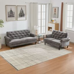 FURNITURE ONE Velvet Tufted Sofa Set, Gray Velvet Sectional Couch Suite-2+3 Set in Grey - Size: 1 Pack - thumbnail 2