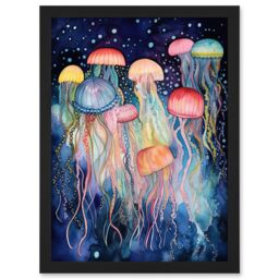 Artery8 Group Of Jellyfish Multicoloured Folk Art Watercolour Painting Artwork Framed Wall Art Print A4 in Black - thumbnail 1