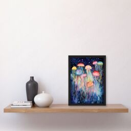 Artery8 Group Of Jellyfish Multicoloured Folk Art Watercolour Painting Artwork Framed Wall Art Print A4 in Black - thumbnail 2
