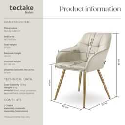 tectake Dining Chair Marilyn Per Piece - Cream/Gold in Cream - Size: 1 Pack - thumbnail 6