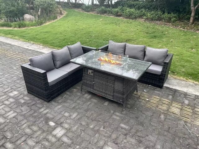 Fimous 6 Seater Outdoor Rattan Sofa Set Garden Furniture Gas Firepit Set Dining Table Heater Dark Grey Mixed - image 1