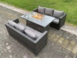Fimous 6 Seater Outdoor Rattan Sofa Set Garden Furniture Gas Firepit Set Dining Table Heater Dark Grey Mixed - thumbnail 3