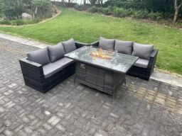 Fimous 6 Seater Outdoor Rattan Sofa Set Garden Furniture Gas Firepit Set Dining Table Heater Dark Grey Mixed - thumbnail 1