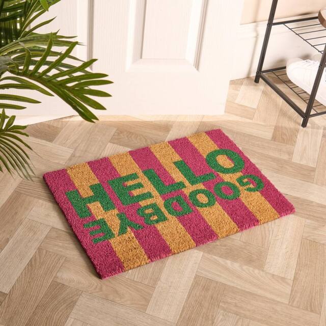OHS Stripes Coir Doormat Hello Goodbye Slogan Non Slip Door Rug - Size: 40 x 60 cm - image 1