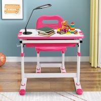 Gymax Height Adjustable Study Table & Chair Set with Tilting Tabletop-Pink in Pink - image 1