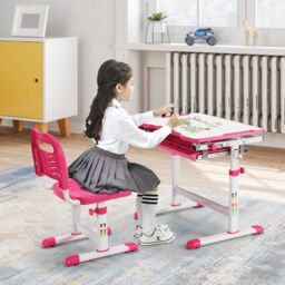 Gymax Height Adjustable Study Table & Chair Set with Tilting Tabletop-Pink in Pink - thumbnail 5