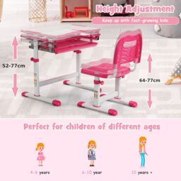 Gymax Height Adjustable Study Table & Chair Set with Tilting Tabletop-Pink in Pink - thumbnail 4