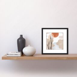 Artery8 River Landscape Autumn Sunset Boho Abstract Illustration Square Wooden Framed Wall Art Print Picture 8X8 Inch in Black - thumbnail 2