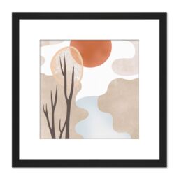Artery8 River Landscape Autumn Sunset Boho Abstract Illustration Square Wooden Framed Wall Art Print Picture 8X8 Inch in Black - thumbnail 1