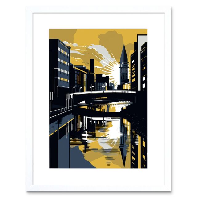 "Artery8 Wall Art Print Glasgow Scotland River Cityscape Sunrise Geometric Artwork Framed 9X7 Inch in White - Size: W7"" x H9""" - image 1