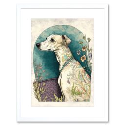"Artery8 Wall Art Print Whippet Dog with Flowers Modern Multicoloured Watercolour Artwork Framed 9X7 Inch in White - Size: W7"" x H9""" - thumbnail 1