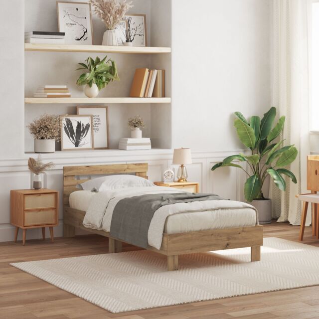 Berkfield Home Bed Frame with LED Lights Artisan Oak 100x200 cm in Brown - image 1