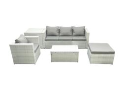Fimous 5 Pieces Rattan Garden Furniture Set Outdoor Garden Sofa Chair Coffee Table Set with Side Table Big Footstool Light Grey Mixed - thumbnail 1