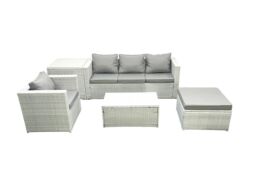 Fimous 5 Pieces Rattan Garden Furniture Set Outdoor Garden Sofa Chair Coffee Table Set with Side Table Big Footstool Light Grey Mixed - thumbnail 2