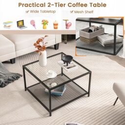 Costway Modern Glass Top Coffee Table Home Square Center Table Accent Sofa Side Table in Clear - thumbnail 5
