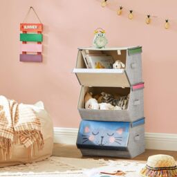 SONGMICS Set of 3 Kids Storage Stackable Toy Boxes Folding Organizers in Cream - thumbnail 4