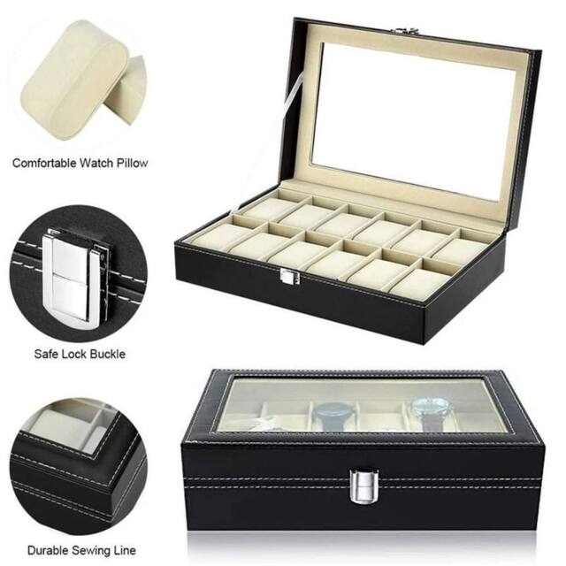 VOGREX 12 Grids Watch Display Case Watch Box Collection Storage Holder Box in Black - image 1