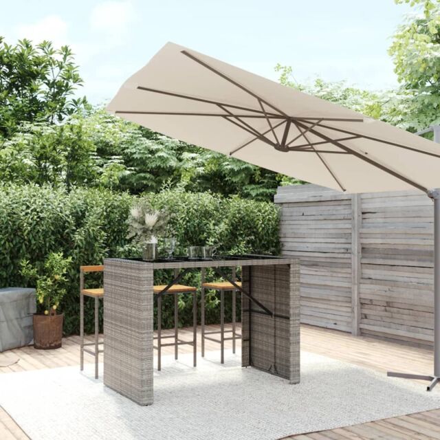Berkfield Home Bar Table with Glass Top Grey 145x80x110 cm Poly Rattan - Size: 145 x 80 x 110 cm - image 1