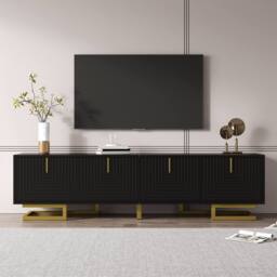 ModernLuxe TV cabinet with textured doors, golden handles & legs in Black - thumbnail 9