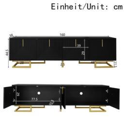 ModernLuxe TV cabinet with textured doors, golden handles & legs in Black - thumbnail 4