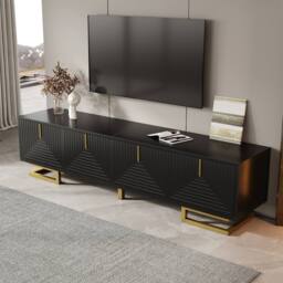 ModernLuxe TV cabinet with textured doors, golden handles & legs in Black - thumbnail 2