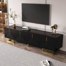 ModernLuxe TV cabinet with textured doors, golden handles & legs in Black