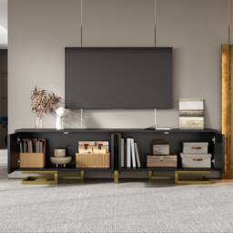 ModernLuxe TV cabinet with textured doors, golden handles & legs in Black - thumbnail 6
