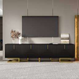 ModernLuxe TV cabinet with textured doors, golden handles & legs in Black - thumbnail 5