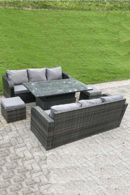 Fimous Outdoor Rattan Sofa Set Dining Table Height Adjustable Rising lifting Table Lounge Sofa Small Footstools 8 Seater in Dark Grey - image 1