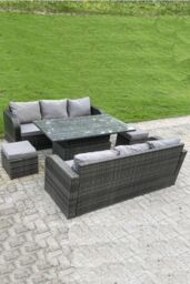 Fimous Outdoor Rattan Sofa Set Dining Table Height Adjustable Rising lifting Table Lounge Sofa Small Footstools 8 Seater in Dark Grey - thumbnail 1