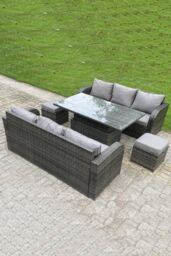 Fimous Outdoor Rattan Sofa Set Dining Table Height Adjustable Rising lifting Table Lounge Sofa Small Footstools 8 Seater in Dark Grey - thumbnail 2
