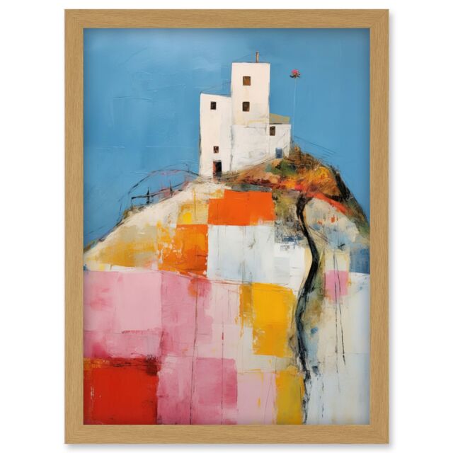 Artery8 Wall Art Print House on the Hill Oil Painting Abstract Geometric Patchwork Palette Knife Pastel Colour Rural Landscape Artwork Framed A4 - image 1