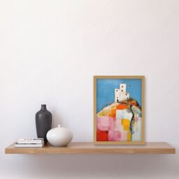 Artery8 Wall Art Print House on the Hill Oil Painting Abstract Geometric Patchwork Palette Knife Pastel Colour Rural Landscape Artwork Framed A4 - thumbnail 2