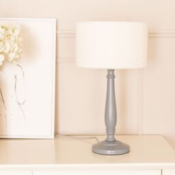 ValueLights Victoria Candlestick Grey Wood Table Lamp with Cream Boucle Drum Lamp Shade - thumbnail 3