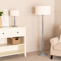 ValueLights Victoria Candlestick Grey Wood Table Lamp with Cream Boucle Drum Lamp Shade - thumbnail 4