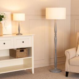 ValueLights Victoria Candlestick Grey Wood Table Lamp with Cream Boucle Drum Lamp Shade - thumbnail 5