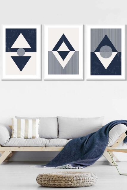 ARTZE Set of 3 White Framed Mid Century Geometric Navy Blue Diamonds Wall Art - Size: W33 cm x H45 cm x D20mm - image 1
