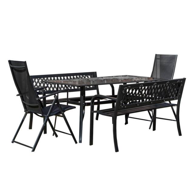 Samuel Alexander Outdoor 6 Person Glass Top Garden Table Benches & Chairs Set in Black - image 1