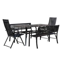 Samuel Alexander Outdoor 6 Person Glass Top Garden Table Benches & Chairs Set in Black - thumbnail 1