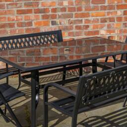 Samuel Alexander Outdoor 6 Person Glass Top Garden Table Benches & Chairs Set in Black - thumbnail 8