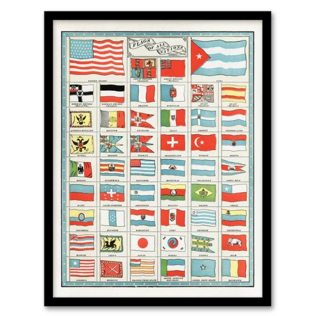 Artery8 Flags of All Nations of the World Vintage 1901 Framed Wall Art Print in White - Size: A4