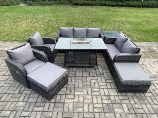 Fimous 9 Seater PE Wicker Outdoor Rattan Garden Furniture Set Propane Gas Fire Pit Table & Sofa Chair set with Side Table 2 Big Footstool in Dark Grey - image 1