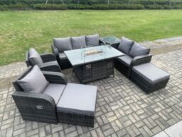 Fimous 9 Seater PE Wicker Outdoor Rattan Garden Furniture Set Propane Gas Fire Pit Table & Sofa Chair set with Side Table 2 Big Footstool in Dark Grey - thumbnail 3