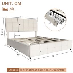 Matteo Beige Double Velvet Upholstered Bed Frame with 4 Storage Drawers & Adjustable Headboard with USB Charging Ports - thumbnail 7